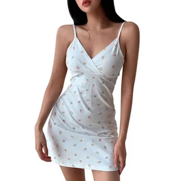 Vestido retrô sem alças estampado floral para mulheres, decote v, verão, cintura alta, vestido linha A, elegante, manga curta, vestido de verão, saia de férias