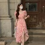 Manga curta praia Midi Vestido, Floral, Elegante, Francês, One Piece