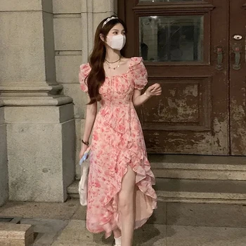 Manga curta praia Midi Vestido, Floral, Elegante, Francês, One Piece