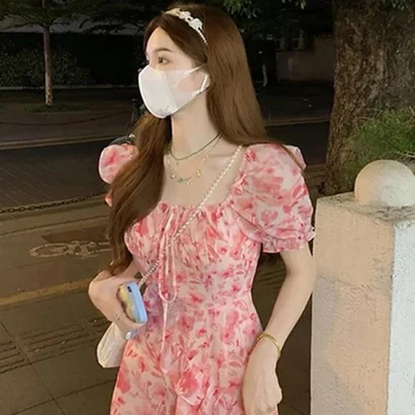 Manga curta praia Midi Vestido, Floral, Elegante, Francês, One Piece