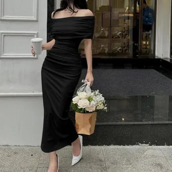 Vestido plissado de um ombro, saia com fenda emagrecedora e justa, saia longa formal, europeia e americana, primavera