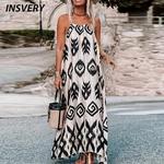 Vestido maxi sem mangas casual feminino, estampado vestidos de festa, boho, longo, praia, feriado, verão
