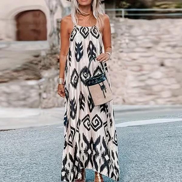 Vestido maxi sem mangas casual feminino, estampado vestidos de festa, boho, longo, praia, feriado, verão