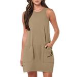 Vestido de verão vintage sem mangas feminino com bolsos, gola redonda, monocromático, casual, curto, praia, férias, vestidos regatas, verão