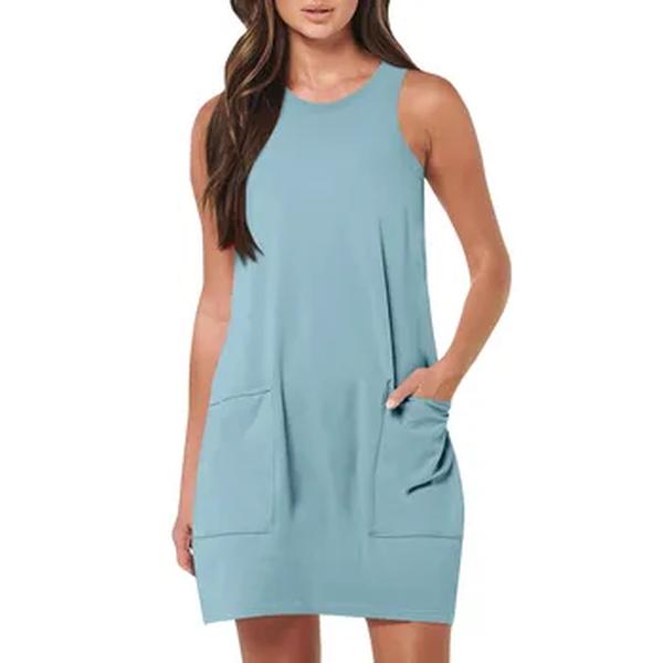 Vestido de verão vintage sem mangas feminino com bolsos, gola redonda, monocromático, casual, curto, praia, férias, vestidos regatas, verão