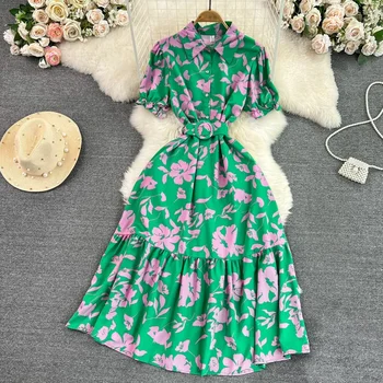 Vestido longo estampado vintage feminino, elegante gola virada para baixo, peito único, manga curta, cintura alta, maxi linha A, verão, novo