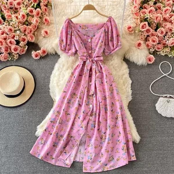 Vestido Midi floral com decote em v, feminino, vestido bottons feminino, cintura alta, elegante, praia, vermelho, amarelo, preto, verão
