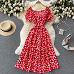 Vestido Midi floral com decote em v, feminino, vestido bottons feminino, cintura alta, elegante, praia, vermelho, amarelo, preto, verão
