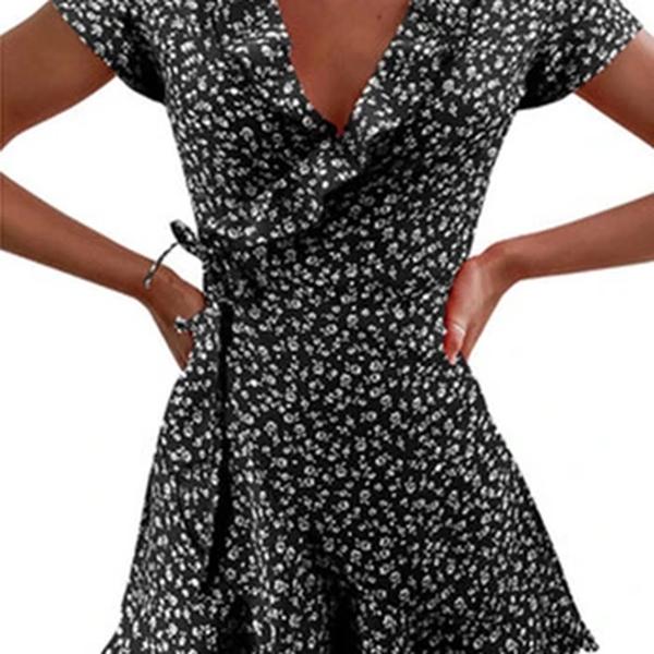 Mini vestido de babados florais femininos, Floral A-Line, Vestido curto bandagem para senhora, Flores chiques, doce, elegante, verão