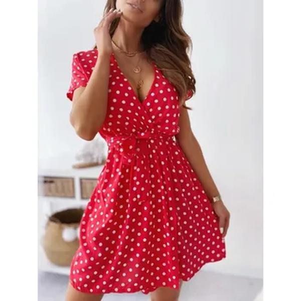 Vestido de manga curta estampado em bolinhas feminino, casual, elegante, decote em v, cinto, pendulares, feriado, festa, verão