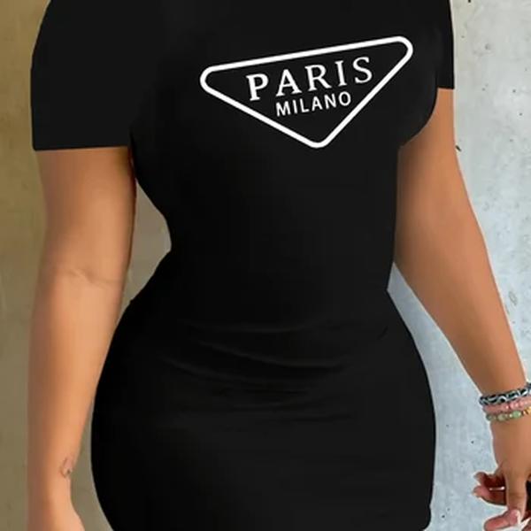 T-shirt de manga curta para mulher, mini vestido com letras estampadas, casual, slim fit, gola redonda, verão