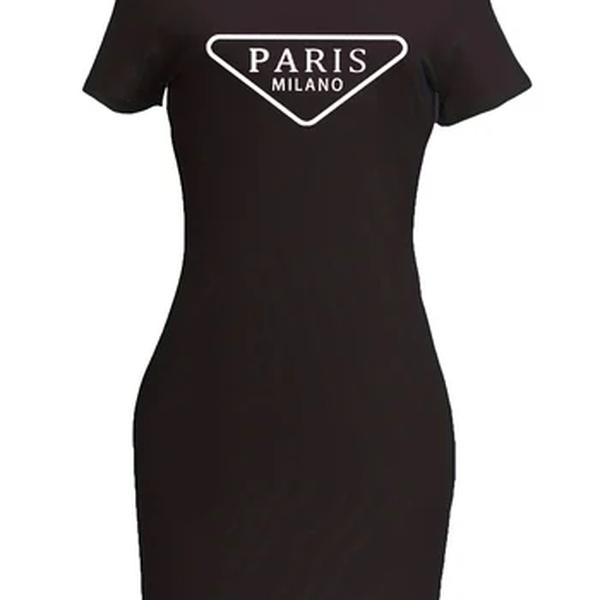 T-shirt de manga curta para mulher, mini vestido com letras estampadas, casual, slim fit, gola redonda, verão