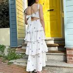 Vestido de noite sem mangas estampado floral francês feminino, suspensor, cintura alta, bolo, casual, vestidos longos, verão, novo, doce, 2024