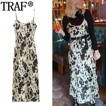 TRAF-Vestido feminino de deslizamento sem mangas com estampa animal, Vintage, Sem encosto, Sexy, Midi Party Dresses, Longo, Summer Holiday, 2022
