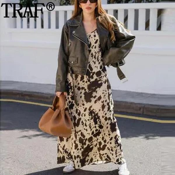 TRAF-Vestido feminino de deslizamento sem mangas com estampa animal, Vintage, Sem encosto, Sexy, Midi Party Dresses, Longo, Summer Holiday, 2022
