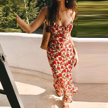 Vestido de sereia vintage com estampa rosa, sexy gola barra, cintura alta, vestido a linha A, festa na moda, cinta de espaguete