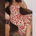 Vestido de sereia vintage com estampa rosa, sexy gola barra, cintura alta, vestido a linha A, festa na moda, cinta de espaguete