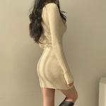 Vestido feminino de malha de malha com decote em v, monocromático, suéter Midi casual, fino, sexy, outono, inverno, 2023