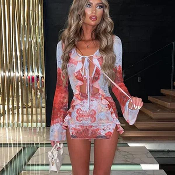 Mulheres Mini Vestido Manga Longa Lacing Tie-dye Print Patchwork Slit Bodycon Vestido para Club Party