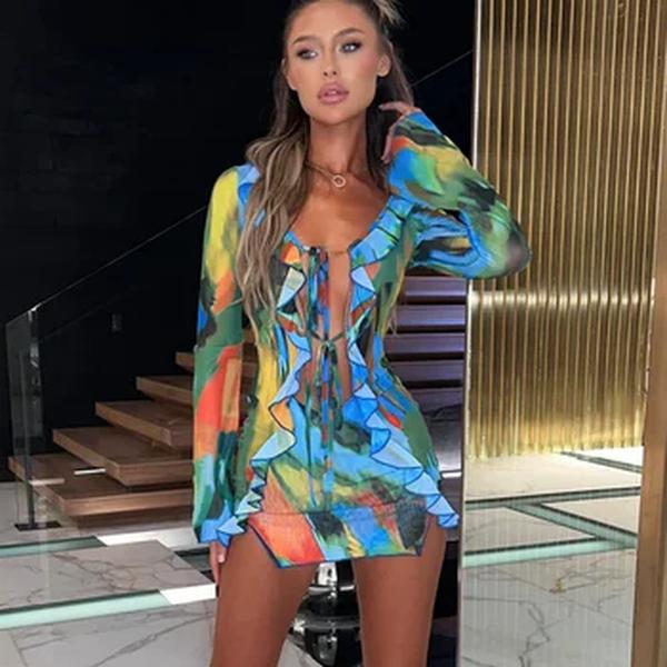 Mulheres Mini Vestido Manga Longa Lacing Tie-dye Print Patchwork Slit Bodycon Vestido para Club Party
