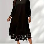 Vestido solto casual feminino, gola redonda, manga comprida, oco, cor sólida, plus size, nova moda, 1XL-5XL