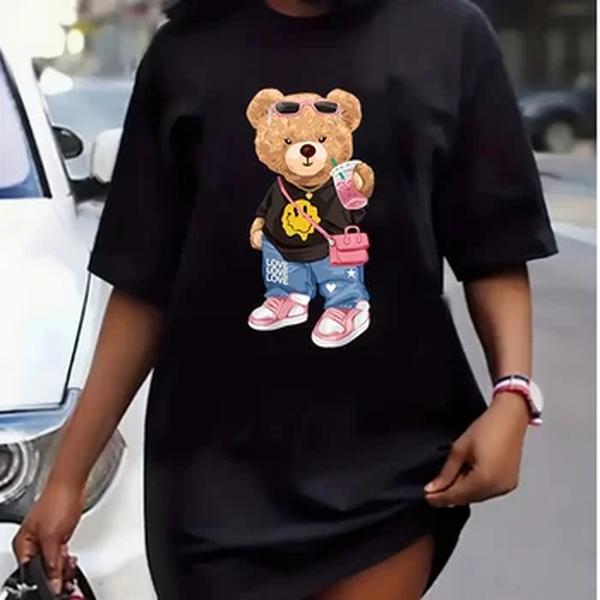 Vestido de camiseta estampado manga curta feminino, gola redonda, tamanho solto, casual, verão