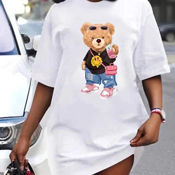 Vestido de camiseta estampado manga curta feminino, gola redonda, tamanho solto, casual, verão