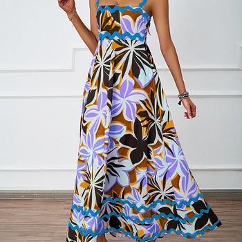 Elegante vestido de praia sem costas feminino, vestidos longos, sexy, sem mangas, rosa, floral, feriado, verão, 2024