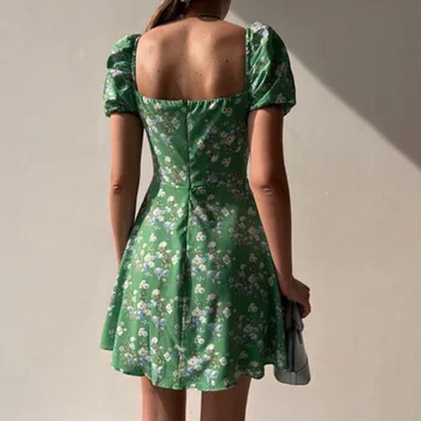 Vestido floral com decote em v feminino, manga bolha, roupas femininas, curto, vestidos à venda, desembaraço, elegante