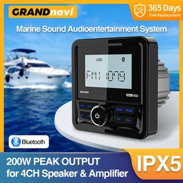 GRANDnavi-Marine Stereo Radio, Bluetooth FM, AM, Mídia digital, Leitor de áudio, Impermeável para iate, ATV, UTV, Carrinho de golfe, Motocicleta
