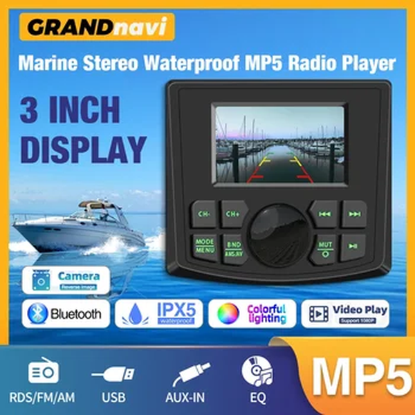 GRANDnavi-Waterproof Bluetooth Marine Stereo, Leitor de rádio para barco MP5, IPX5 AUX, FM, AM, RDS Audio para bitola de iate, ATV, UTV, SUV, Carrinho, SPA