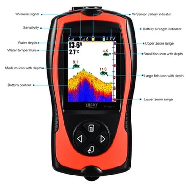 Lucky sonar-fish finder ff1108-1cwla, sensor sem fio recarregável, profundidade de água de 45m, ecobatímetro, pesca