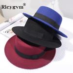 RICYGVM mulheres aba larga Fedora, lã sentiu chapéu, monocromático Flat Top Bonnet, Elagant British Ladies Jazz Church Cap, outono e inverno