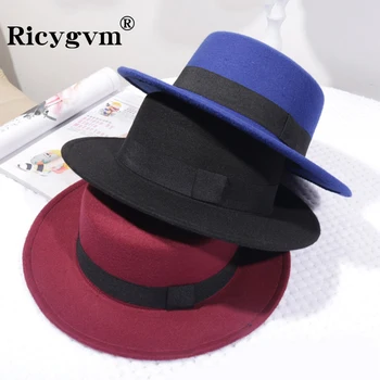 RICYGVM mulheres aba larga Fedora, lã sentiu chapéu, monocromático Flat Top Bonnet, Elagant British Ladies Jazz Church Cap, outono e inverno