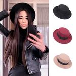 RICYGVM mulheres aba larga Fedora, lã sentiu chapéu, monocromático Flat Top Bonnet, Elagant British Ladies Jazz Church Cap, outono e inverno