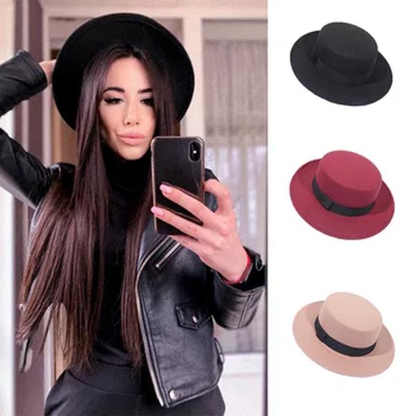 RICYGVM mulheres aba larga Fedora, lã sentiu chapéu, monocromático Flat Top Bonnet, Elagant British Ladies Jazz Church Cap, outono e inverno