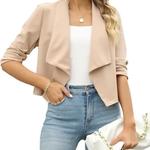 Blazer curto casual feminino, manga 3/4, blazer frontal cortado, jaquetas monocromáticas, senhora do escritório, casacos femininos elegantes, moda