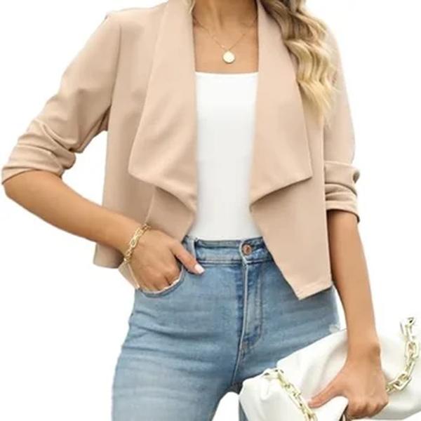 Blazer curto casual feminino, manga 3/4, blazer frontal cortado, jaquetas monocromáticas, senhora do escritório, casacos femininos elegantes, moda