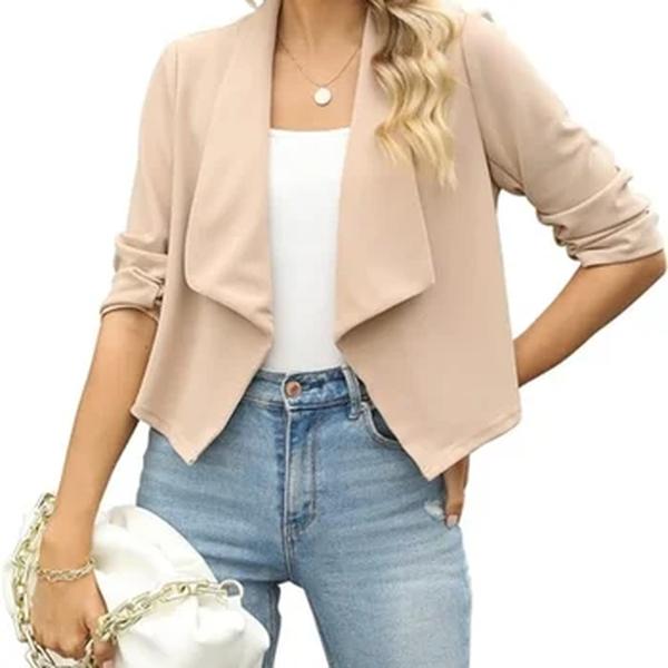 Blazer curto casual feminino, manga 3/4, blazer frontal cortado, jaquetas monocromáticas, senhora do escritório, casacos femininos elegantes, moda
