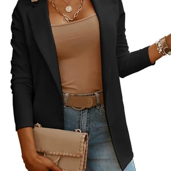 Blazer frontal aberto de manga comprida feminino, blazer casual solto, elegante casaco entalhado, jaqueta monocromática, moda senhora do escritório
