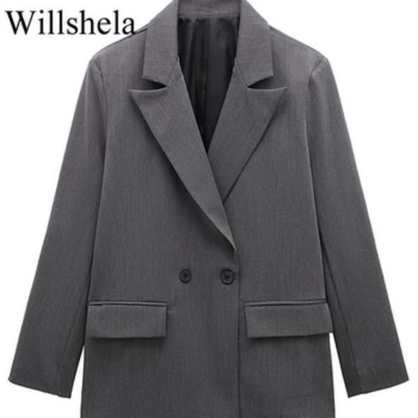 Willshela-Blazer de trespassado duplo feminino com bolsos, mangas compridas vintage, pescoço entalhado, roupas de escritório femininas, moda feminina, monocromática