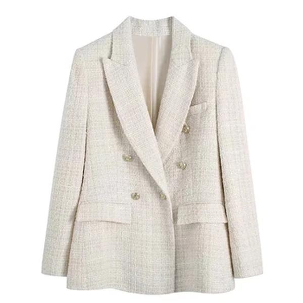 ZRN-Blazer de peito duplo de Tweed feminino, casaco de manga longa vintage, bolsos com aba, outerwear feminino, colete chique, moda feminina