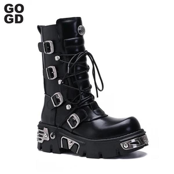 GOGD-Ankle Boots femininos plataforma, botas de motocicleta, botas militares de panturrilha, cinto gótico, sapatos punk, fivela de metal, marca de moda