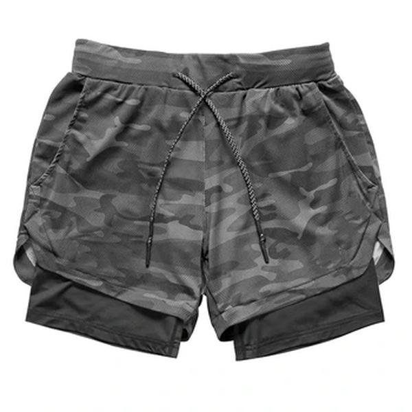 Shorts masculinos de corrida Camo, Double Deck, Quick Dry, shorts esportivos de ginástica, fitness, jogging, treino, calças curtas esportivas, 2 em 1, 2023