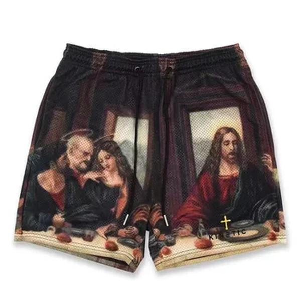 Shorts de malha respirável de secagem rápida para homens, estampa em chamas largas, academia, basquete, moda, verão, 2023