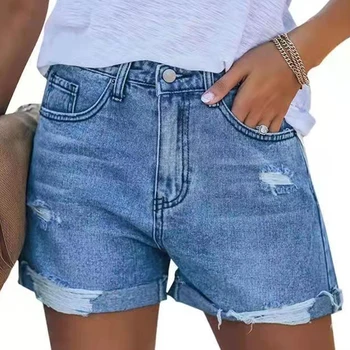Shorts jeans desfiados de cintura alta feminino, jeans casual confortável, feito à mão, estilo europeu e americano, verão 2022