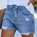 Shorts jeans desfiados de cintura alta feminino, jeans casual confortável, feito à mão, estilo europeu e americano, verão 2022