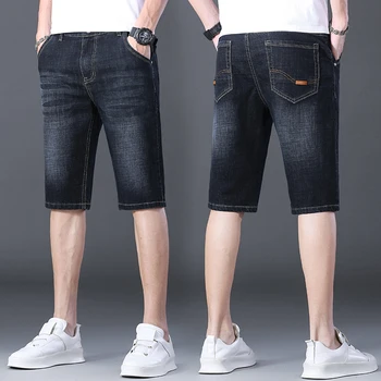 Shorts jeans com comprimento do joelho masculino, jeans reto de algodão, jeans curto monocromático, estilo rua, elástico, marca de moda casual, 2024