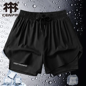 Shorts masculinos de plataforma dupla, roupas esportivas 2 em 1, fundo de praia, academia, treinamento, corrida, calças curtas, verão, 2024
