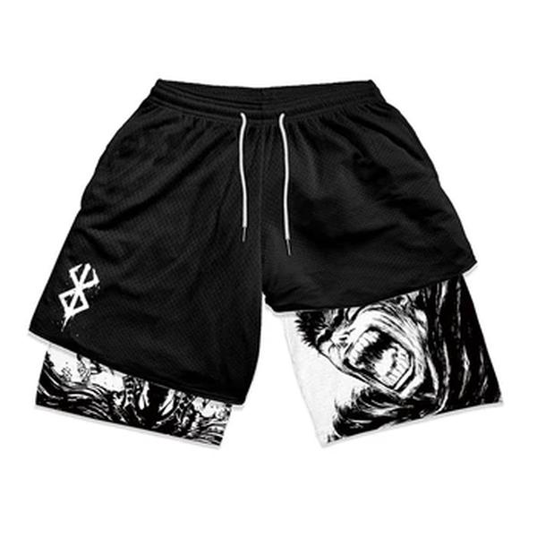 Shorts de corrida com estampa berserk masculino, treino de ginástica, shorts esportivos fitness com bolsos, vestuário esporte secagem rápida, 2 em 1